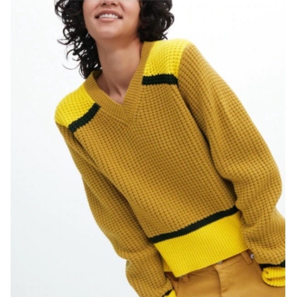 Marni Mustard Yellow V-Neck Waffle Knit Sweater with Bright Yellow Trim